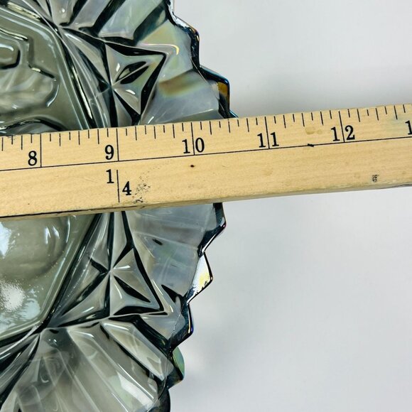 Vintage Carnival Glass Fruit Bowl Iridescent Clear Gray Scalloped Diamond Rim - Picture 9 of 10